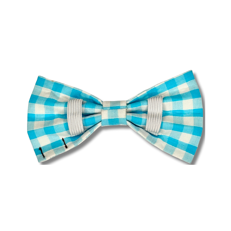 Aqua and white Gingham check Dog bow tie with elastic loops 