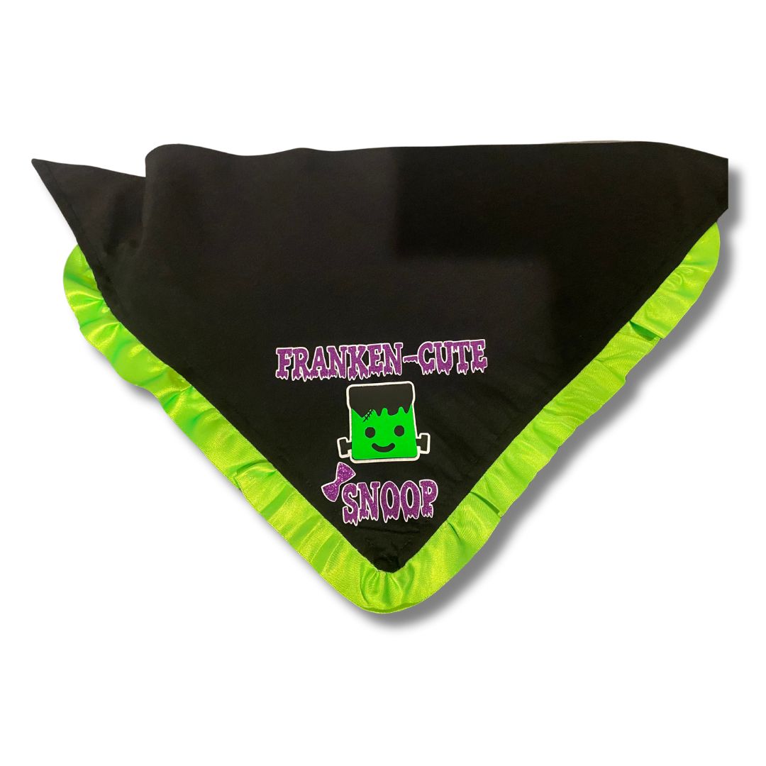 Black with green frill Frankenstein custom dog bandana 