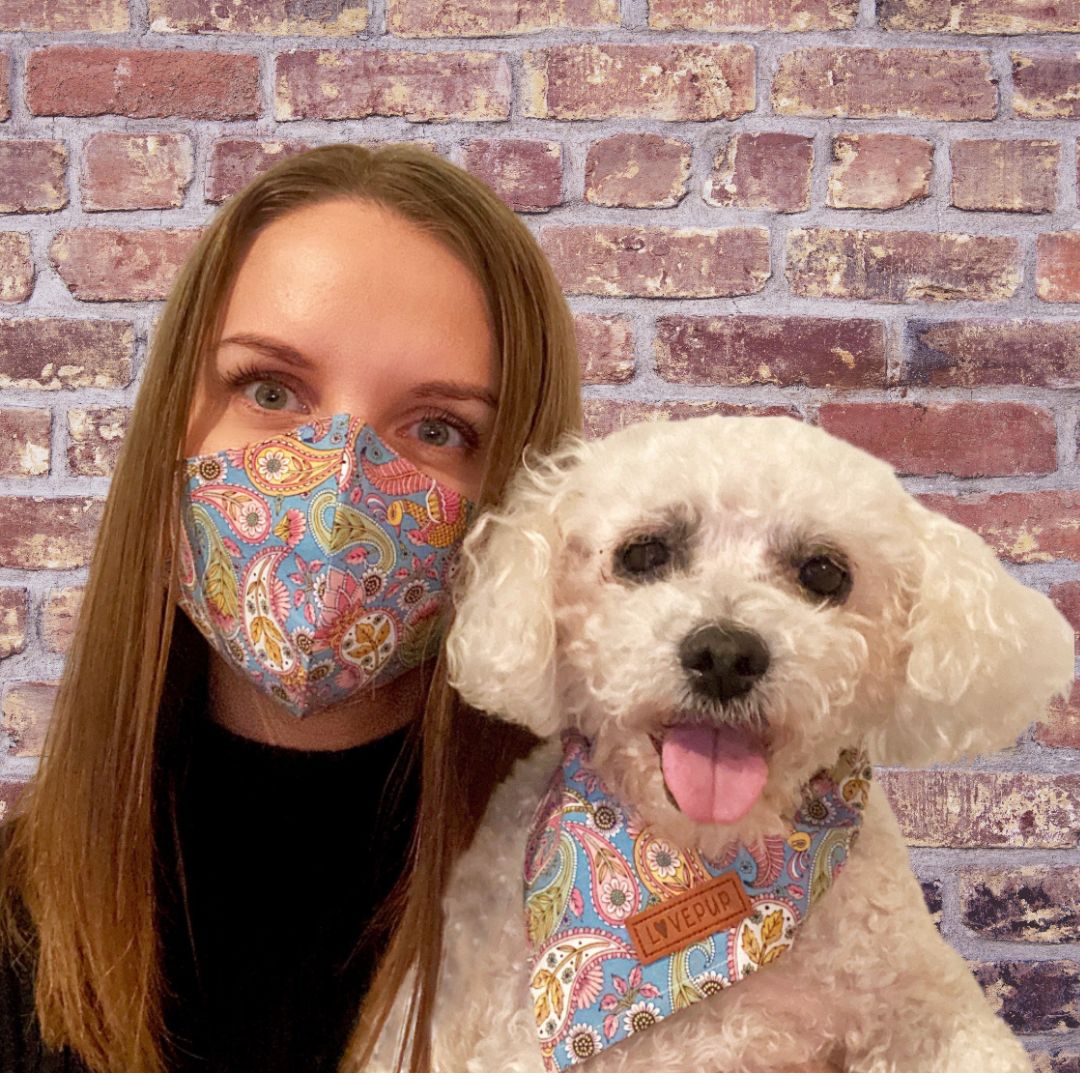 Cotton face mask and matching tie up dog bandana in Paisley print